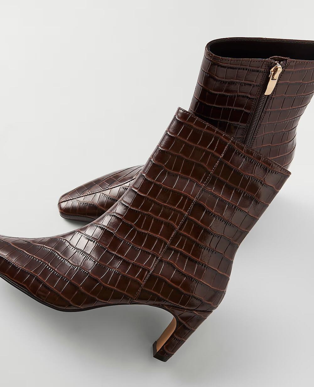 Ann Taylor $259 Croco Skinny Heel Leather Bootie Chocolate Brown Size 9